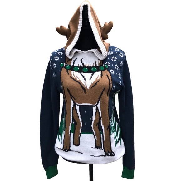 Ugly Christmas Sweater Sweaters - Ugly Christmas Sweater Hooded Reindeer Sweater size Small
